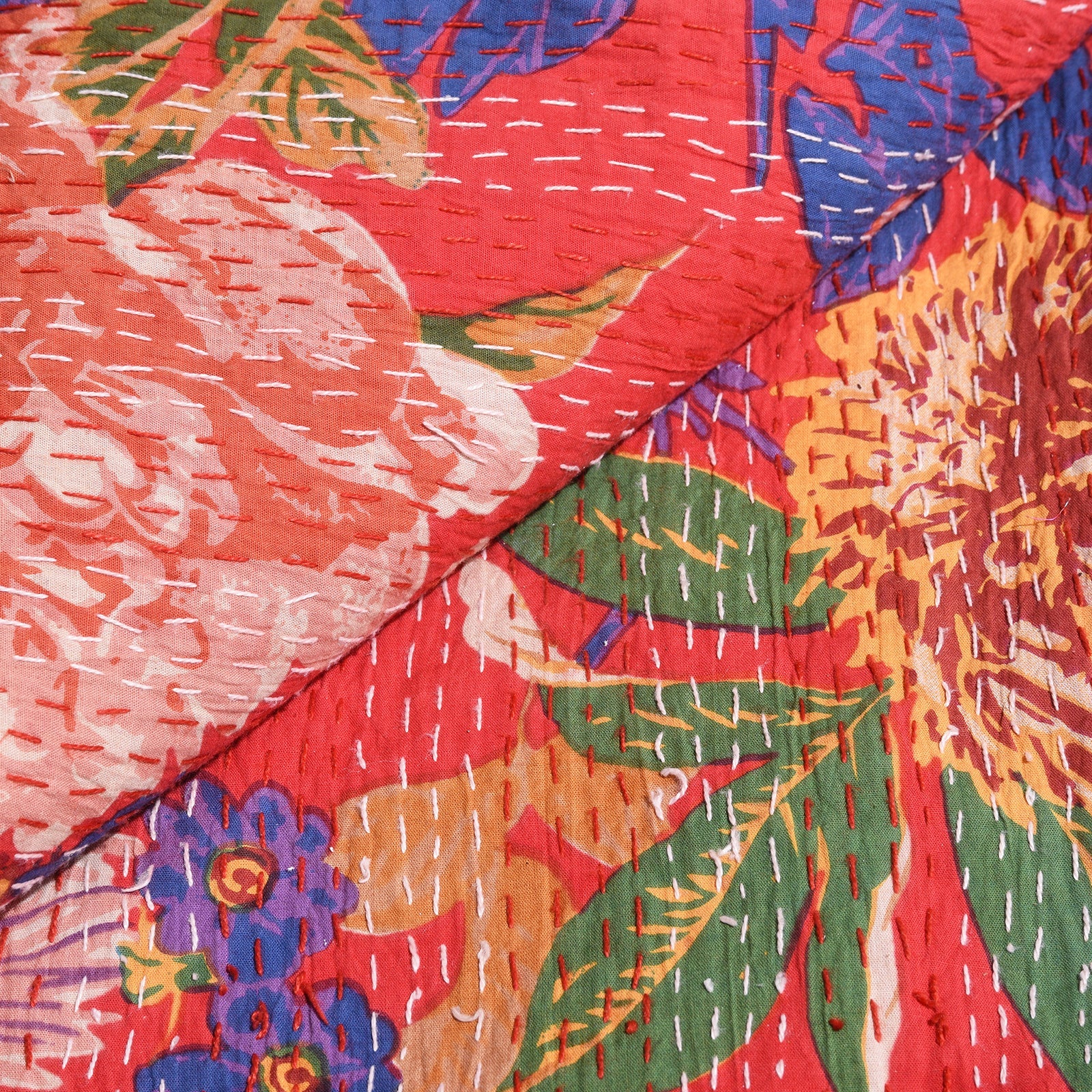 Red Floral Hand Block Printed Cotton Kantha Throw  - Double bed Size