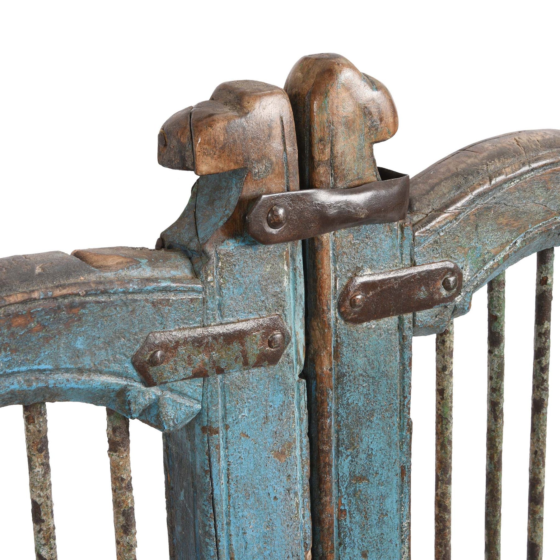 Blue & Green Painted Teak Dog Gate From Gujarat - 19thC