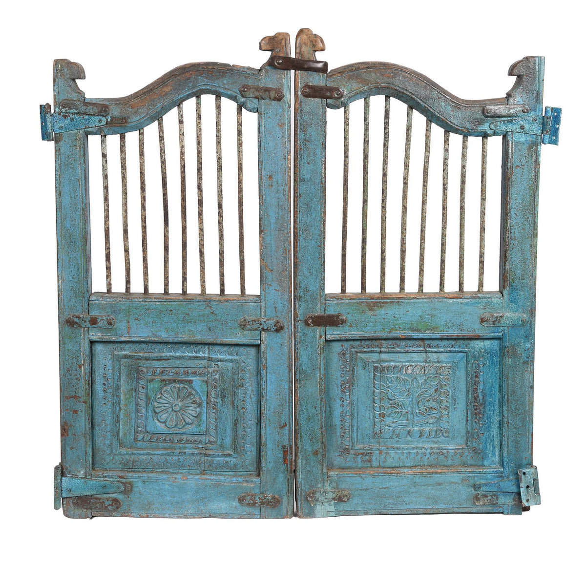 Blue & Green Painted Teak Dog Gate From Gujarat - 19thC