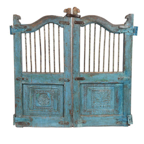 Blue & Green Painted Teak Dog Gate From Gujarat - 19thC