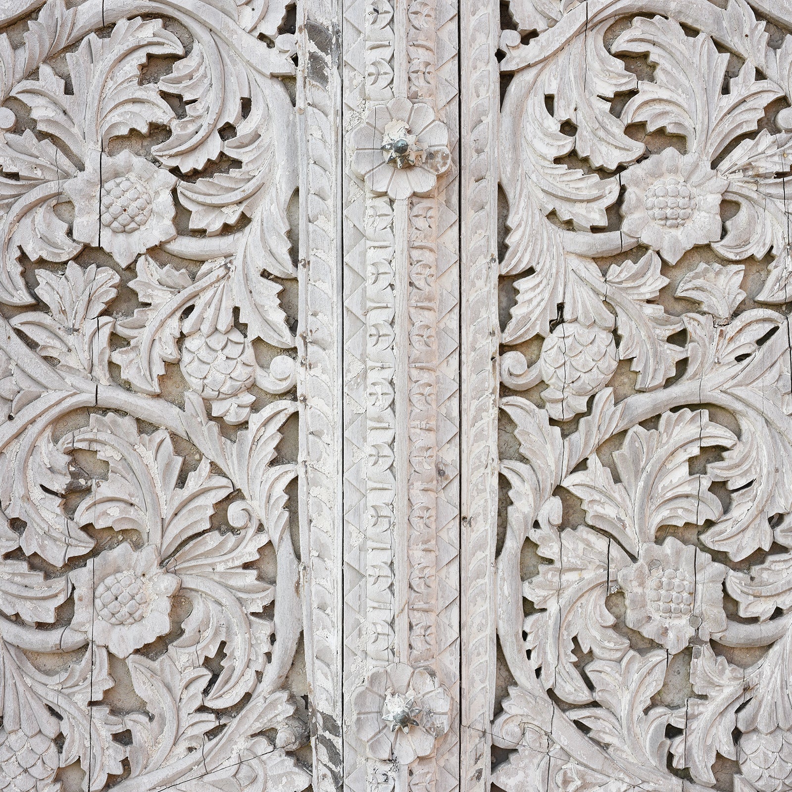 Limed & Carved Indian Door & Frame With Parrots