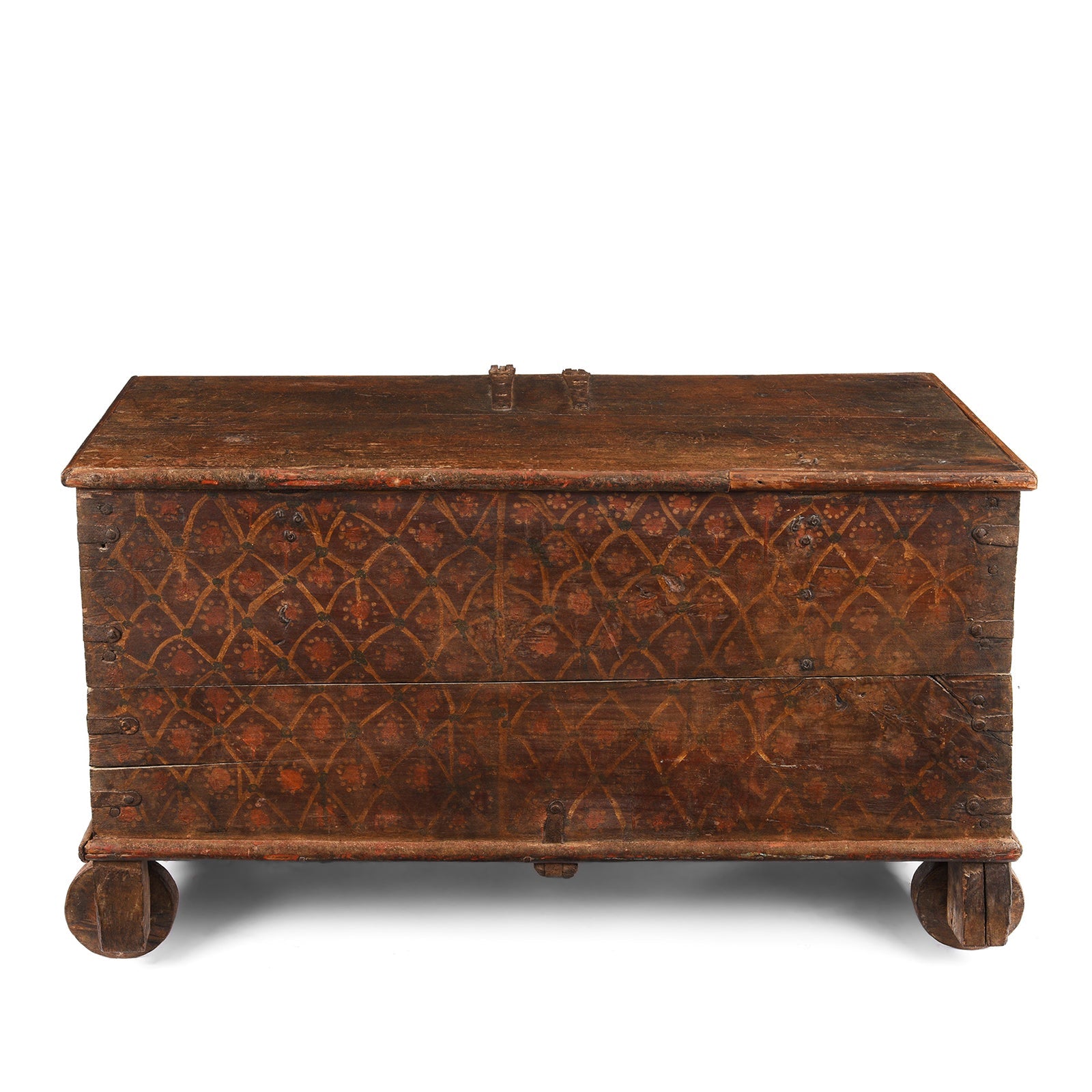 Painted Teak Chest On Wheels From Nagaur - 19th Century