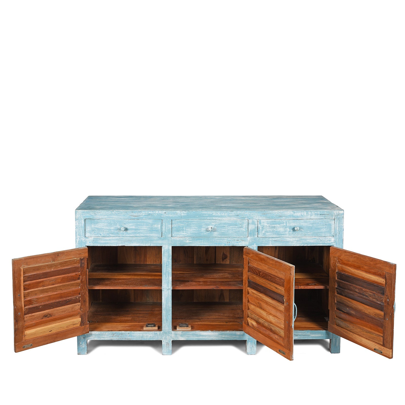 3 Door Louvre Sideboard - Blue Painted Reclaimed Teak