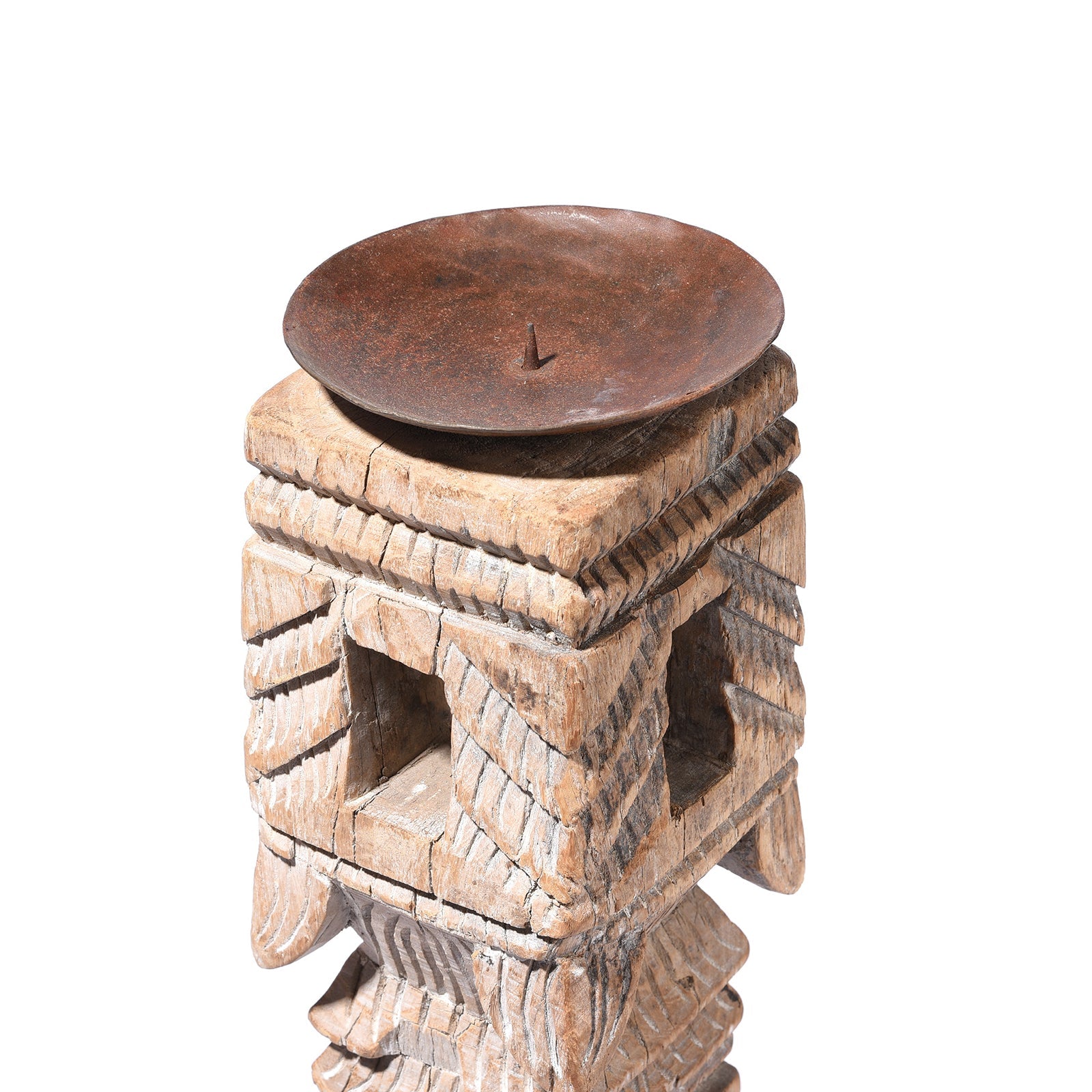 Carved Teak Indian Candlestick Made From An Old Charpoy Leg - 19thC