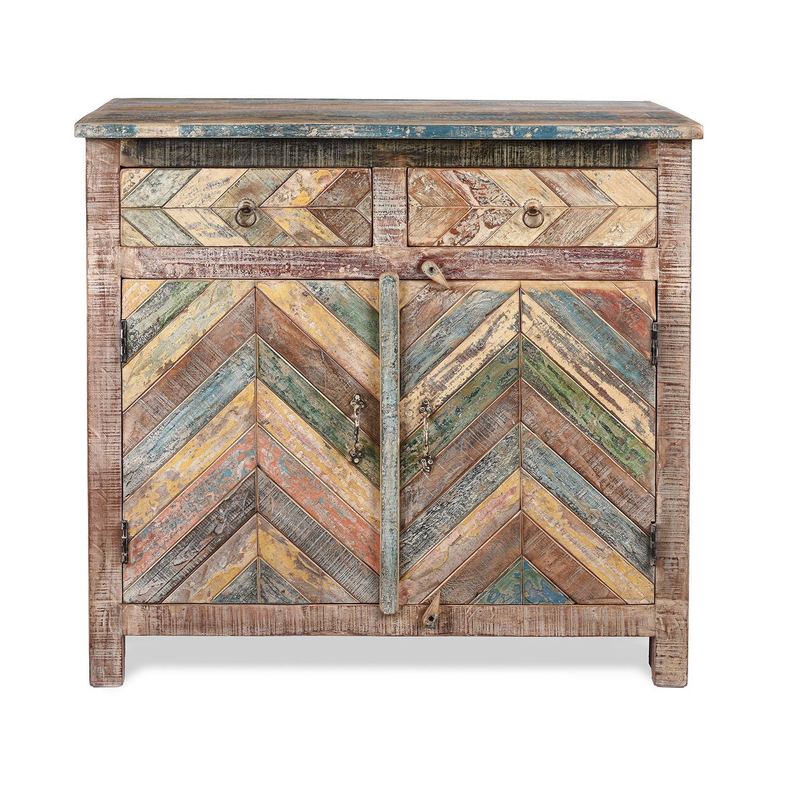 Reclaimed Teak Parquet Side Cabinet With Painted Finish