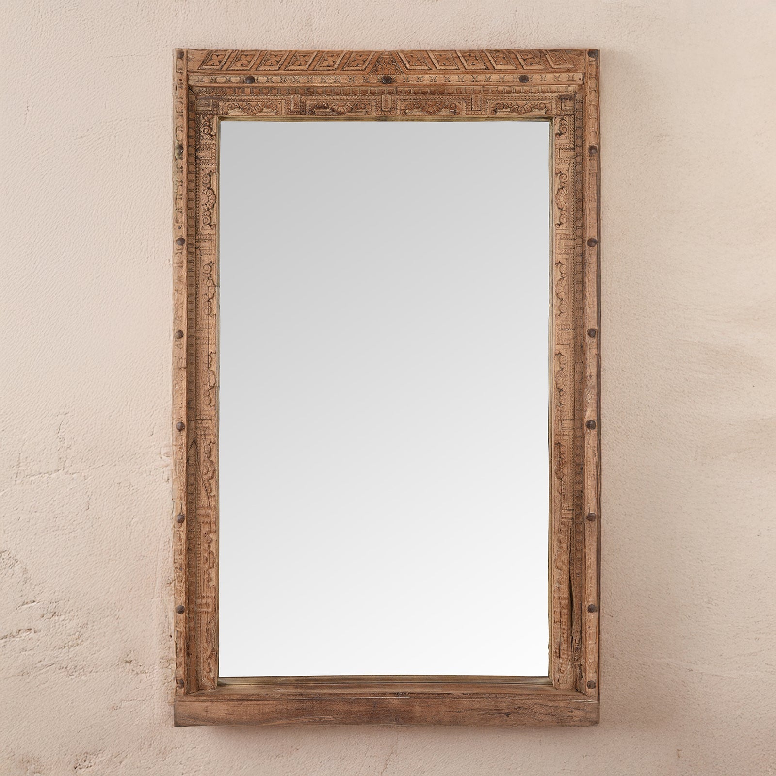 Carved Teak Door Mirror From Nagaur - 19th Century