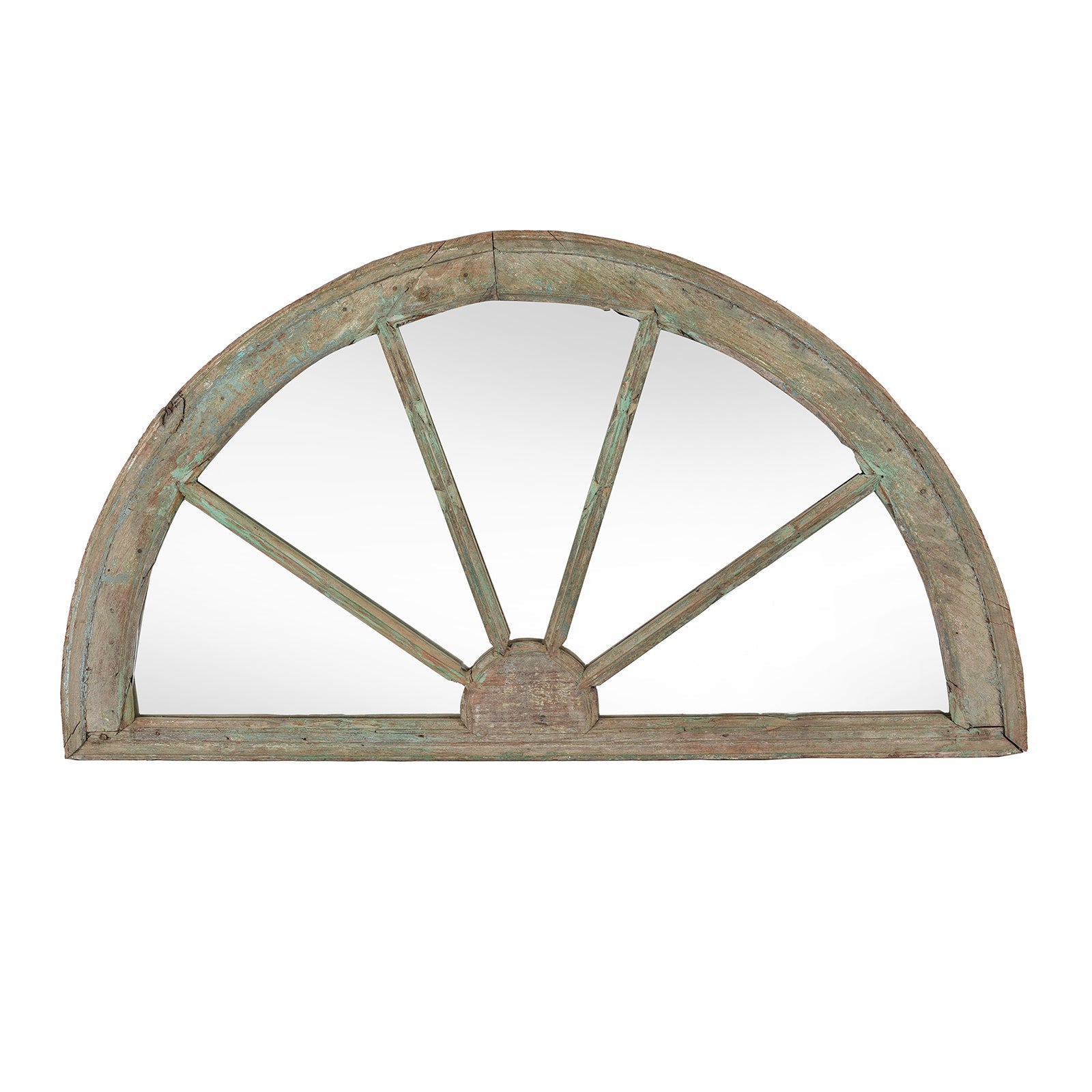 Old Green Painted Teak Fanlight Mirror - 19thC