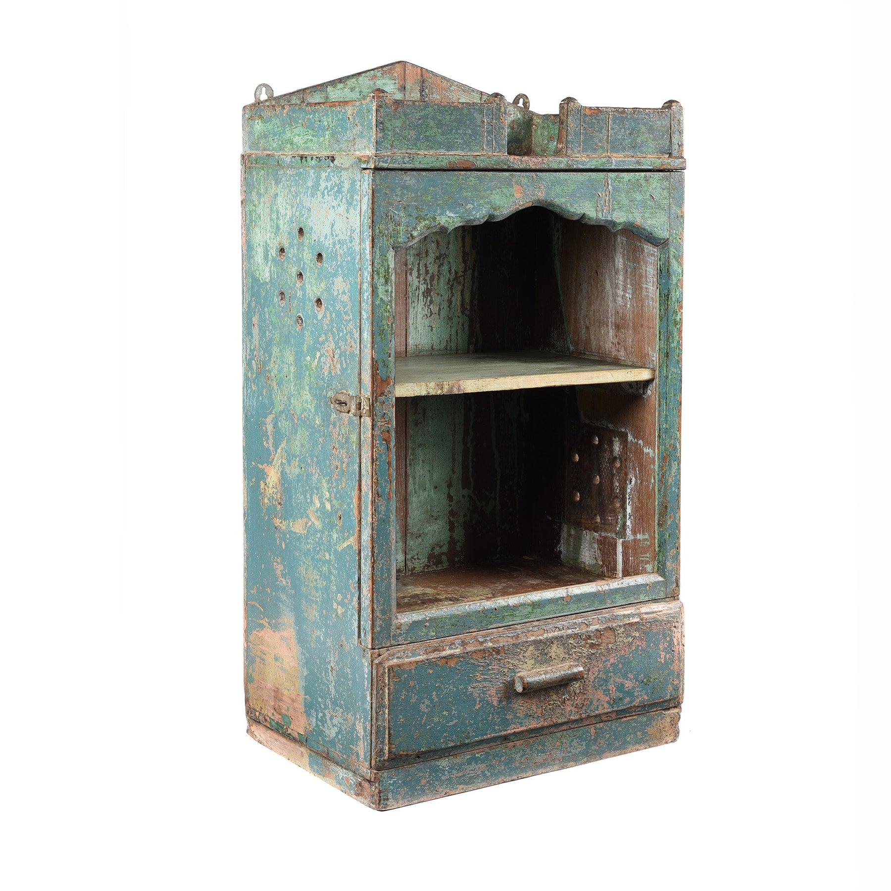 Aqua Painted Teak Glazed Wall Cabinet - Ca 1930