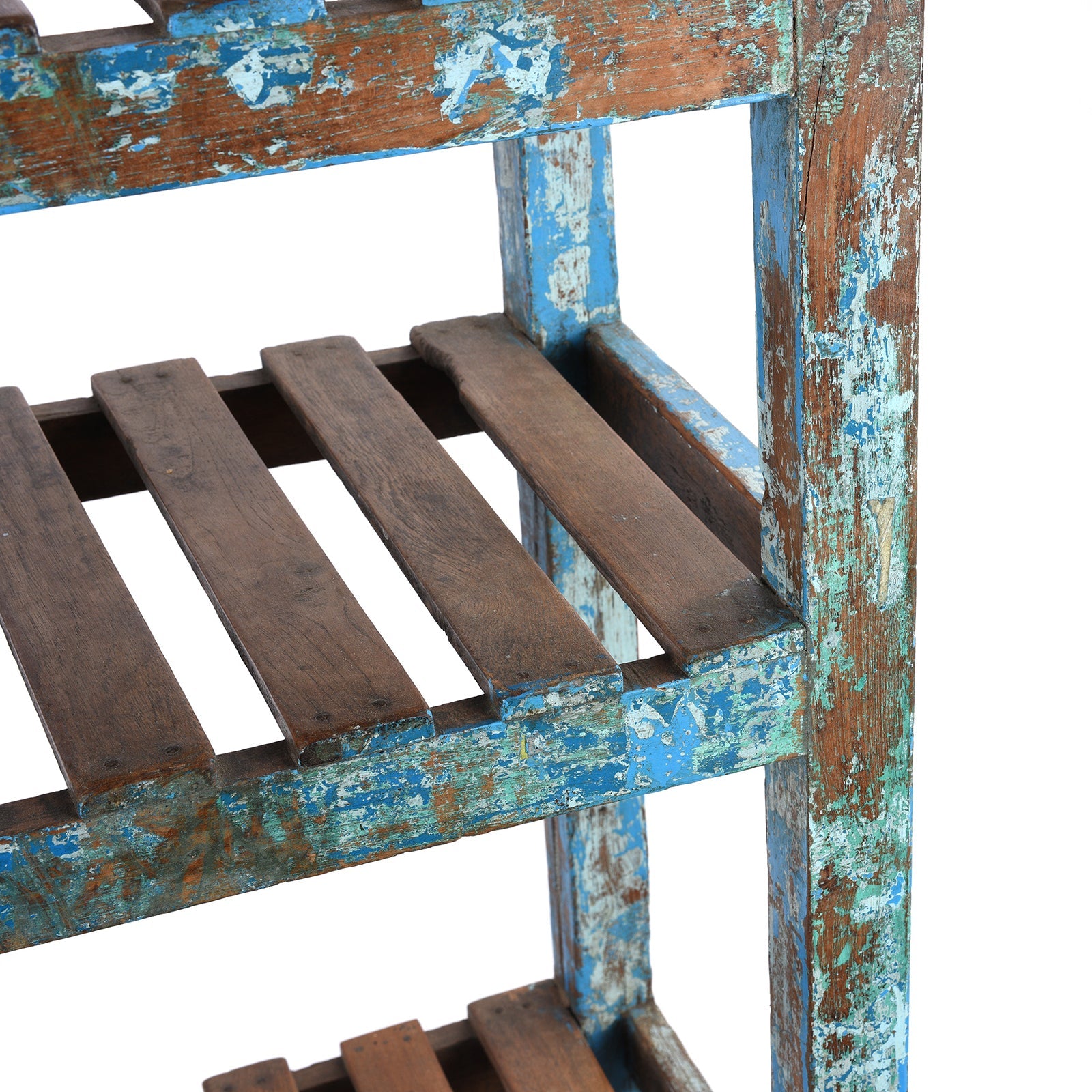 Indian Blue Painted Teak Slatted Shelf- Ca 1930