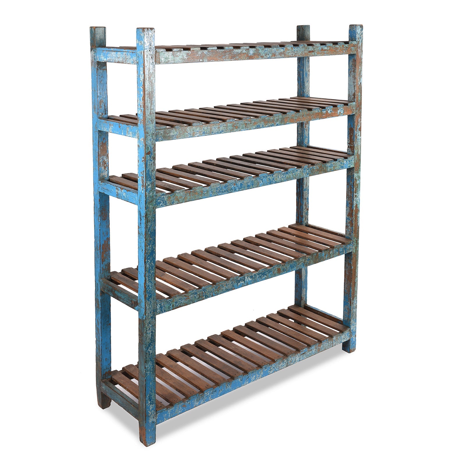 Indian Blue Painted Teak Slatted Shelf- Ca 1930