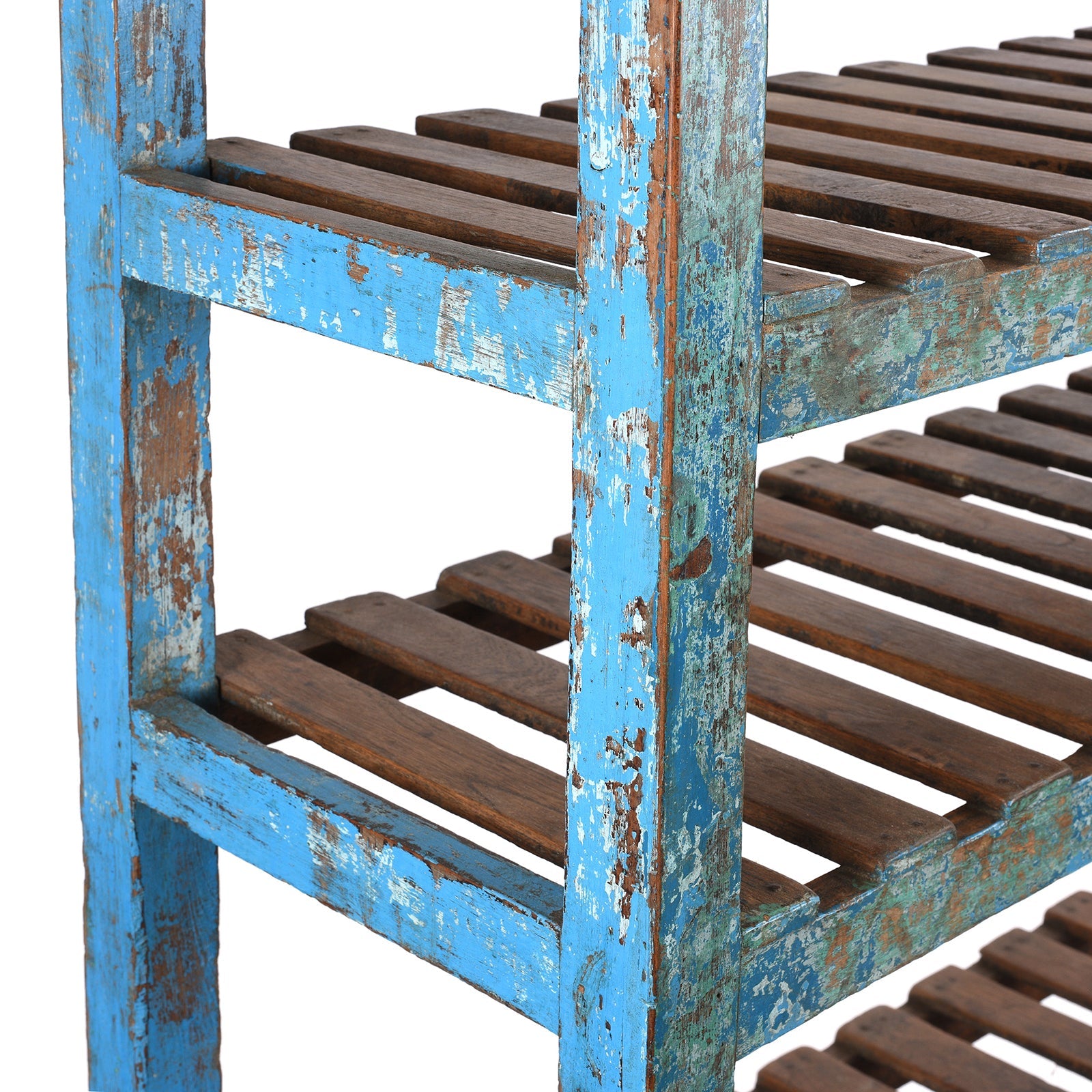 Indian Blue Painted Teak Slatted Shelf- Ca 1930