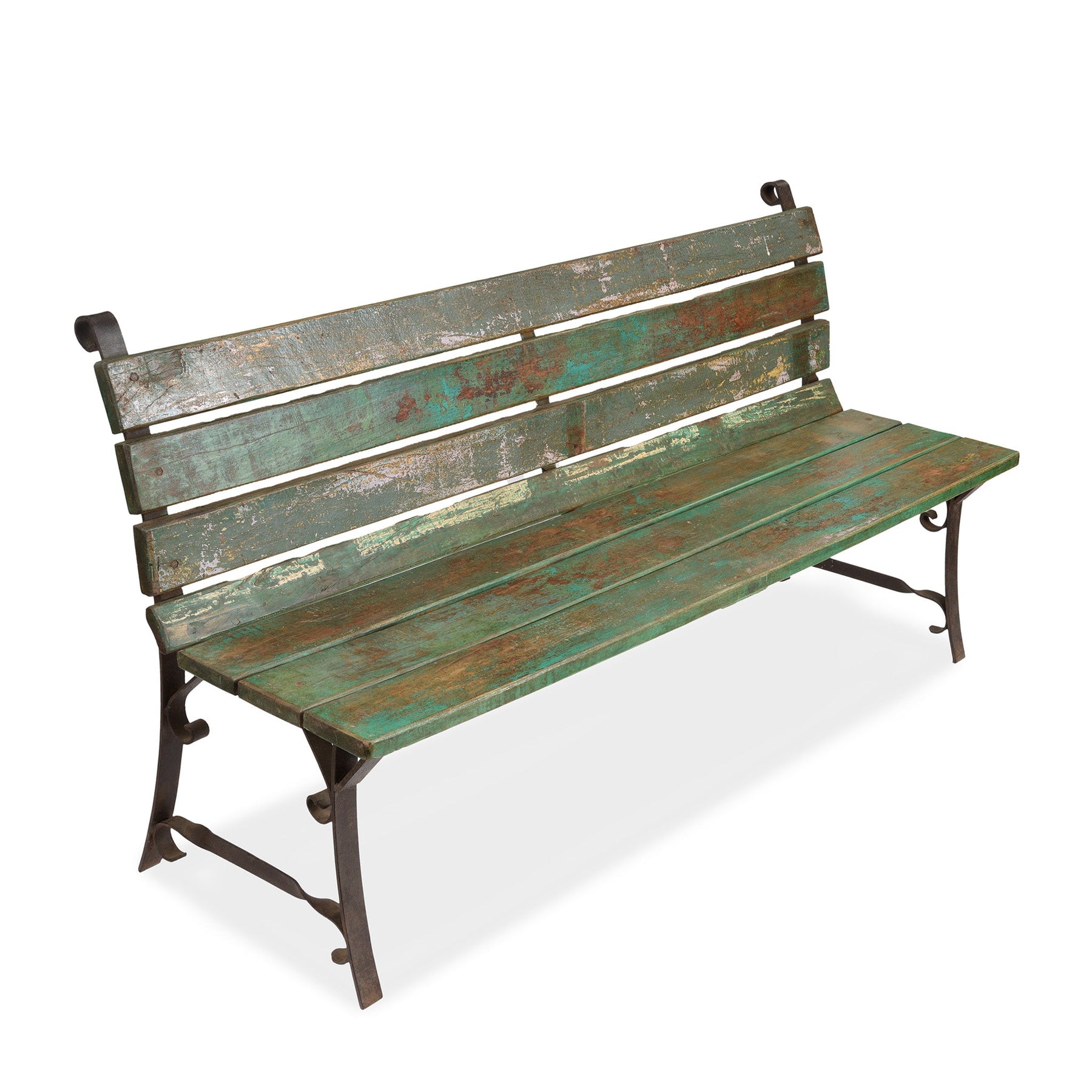 Vintage Green Painted Slatted Teak Bench - Ca 1910