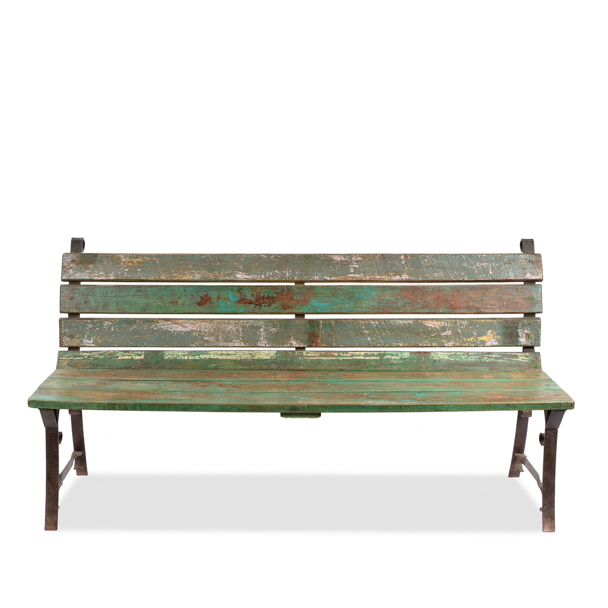 Vintage Green Painted Slatted Teak Bench - Ca 1910