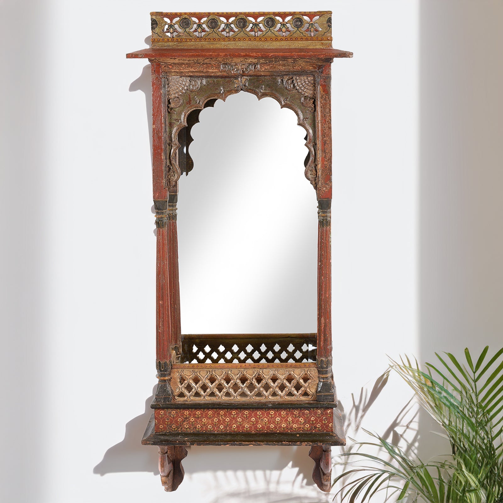 Painted Indian House Shrine Mirror From Bikaner - Late 19th Century