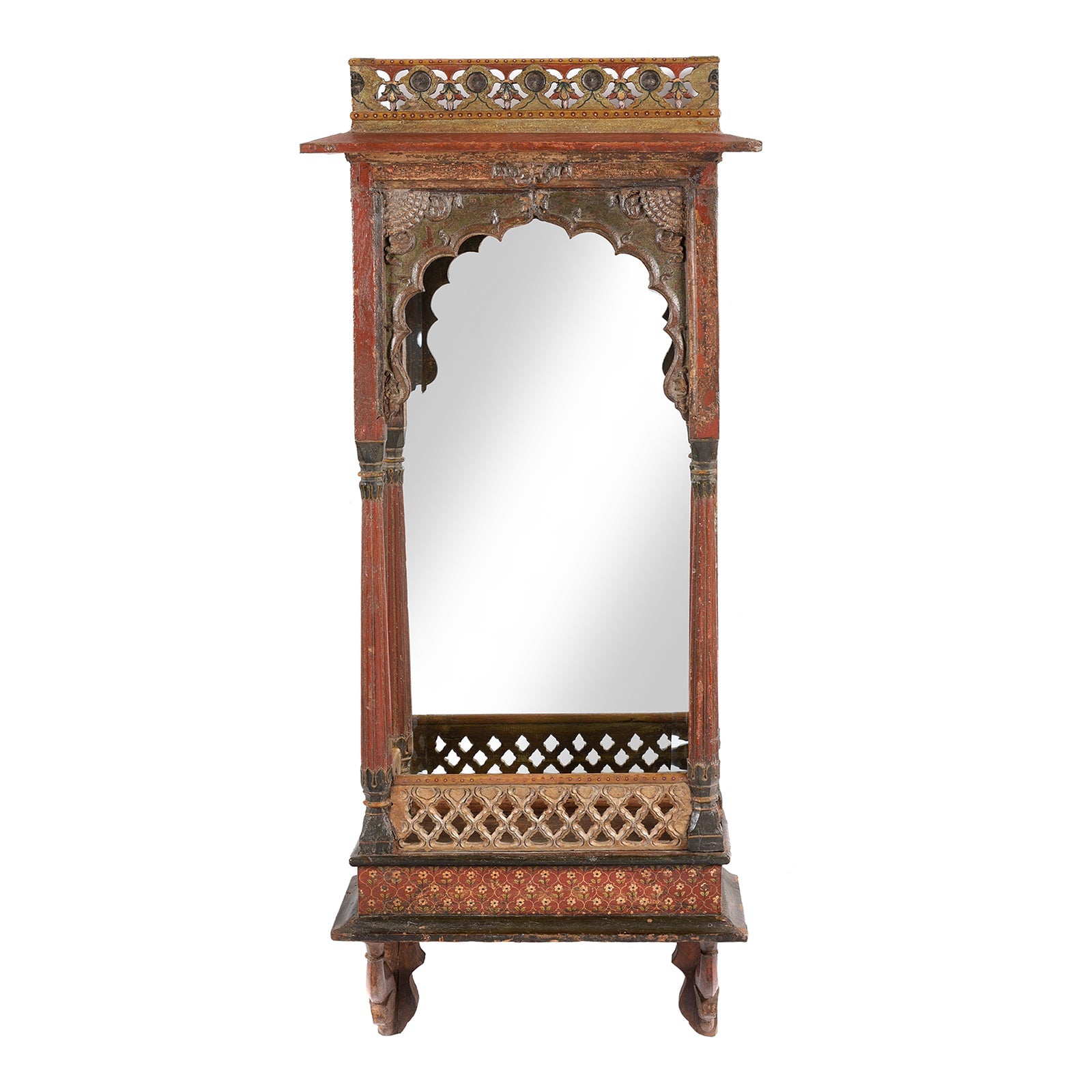 Painted Indian House Shrine Mirror From Bikaner - Late 19th Century