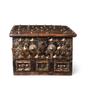 Brass Studded Rosewood Jewellery Box From Kutch - 19thC