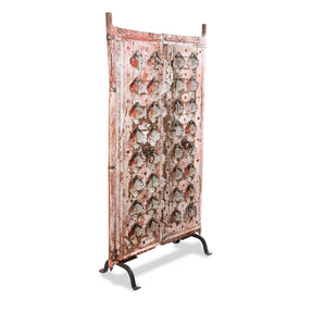 Pink Painted Carved Door From Gujarat - 18th Century