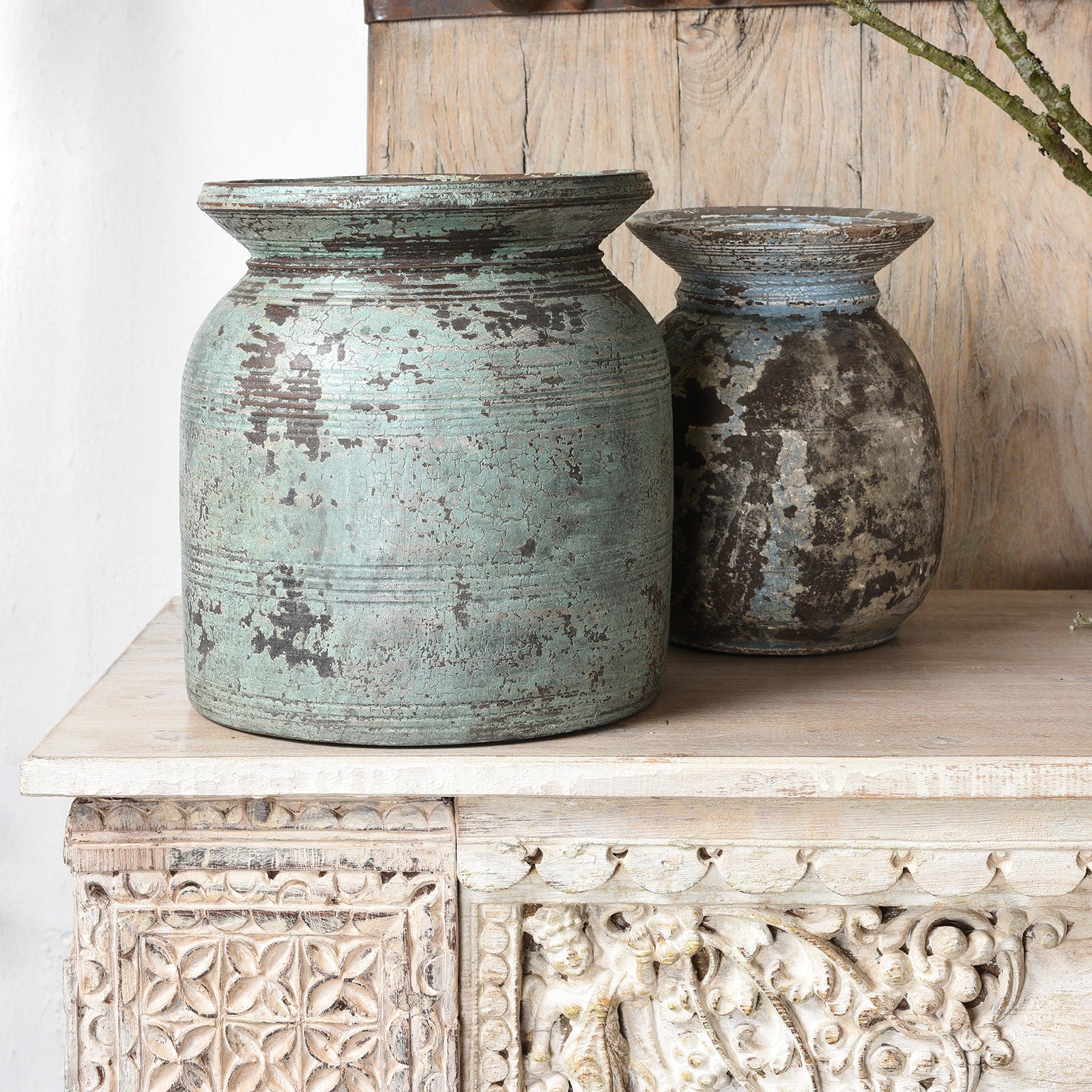 Vintage Indian Neem Wood Pot From Kulu - 1950's