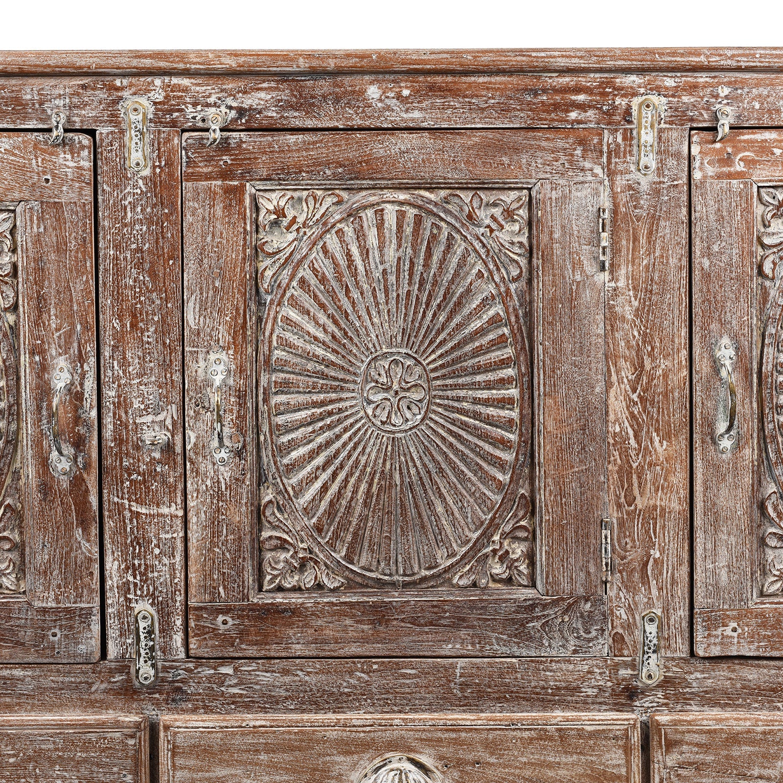 Carved Teak Sideboard With Sunburst Panels - 19th Century