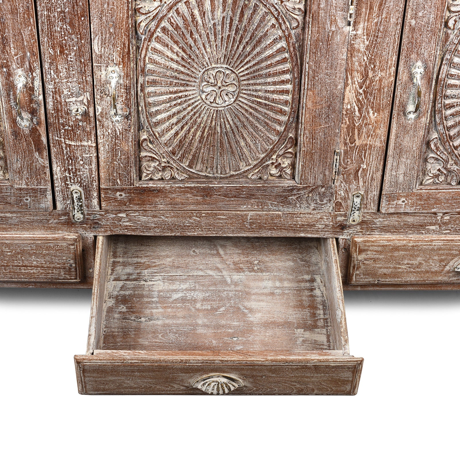 Carved Teak Sideboard With Sunburst Panels - 19th Century