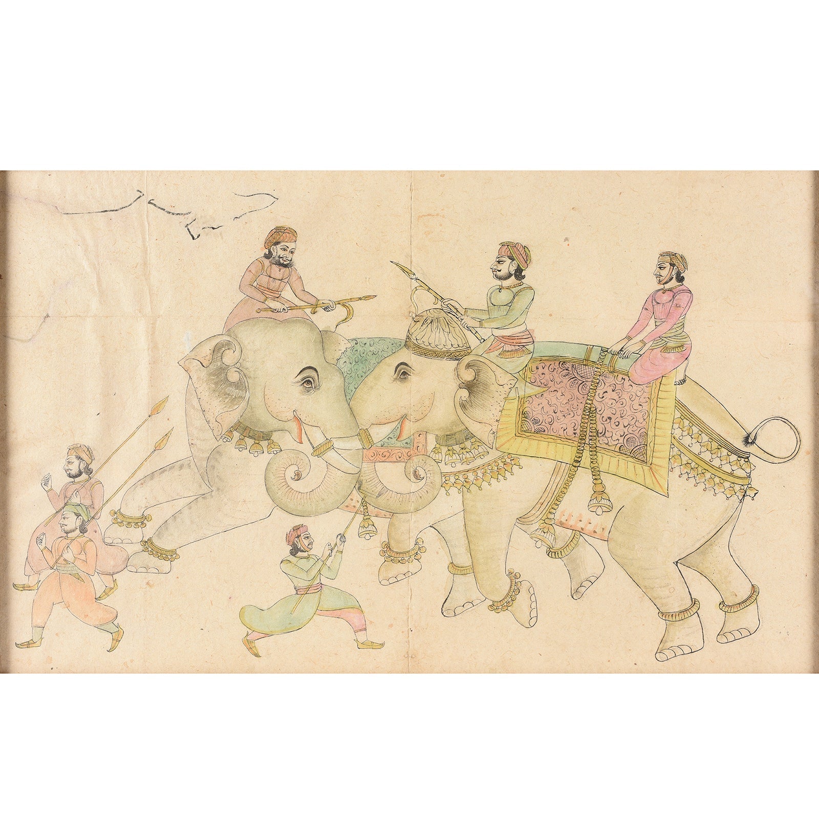 Mewar School Pen & Ink Sketch Of Elephants - Ca 1900
