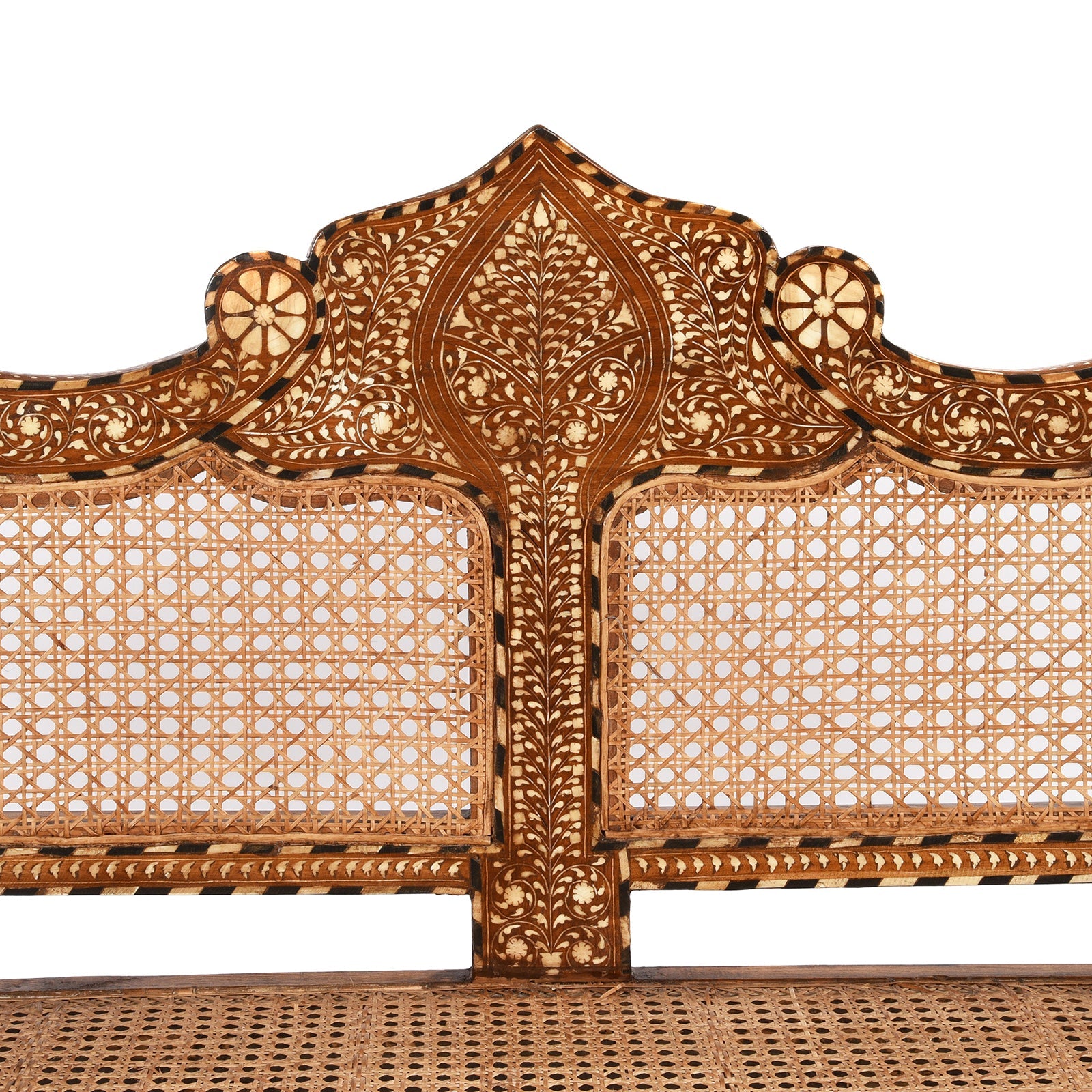Anglo Indian Bone Inlaid Caned Teak Sofa - Early 20th Century