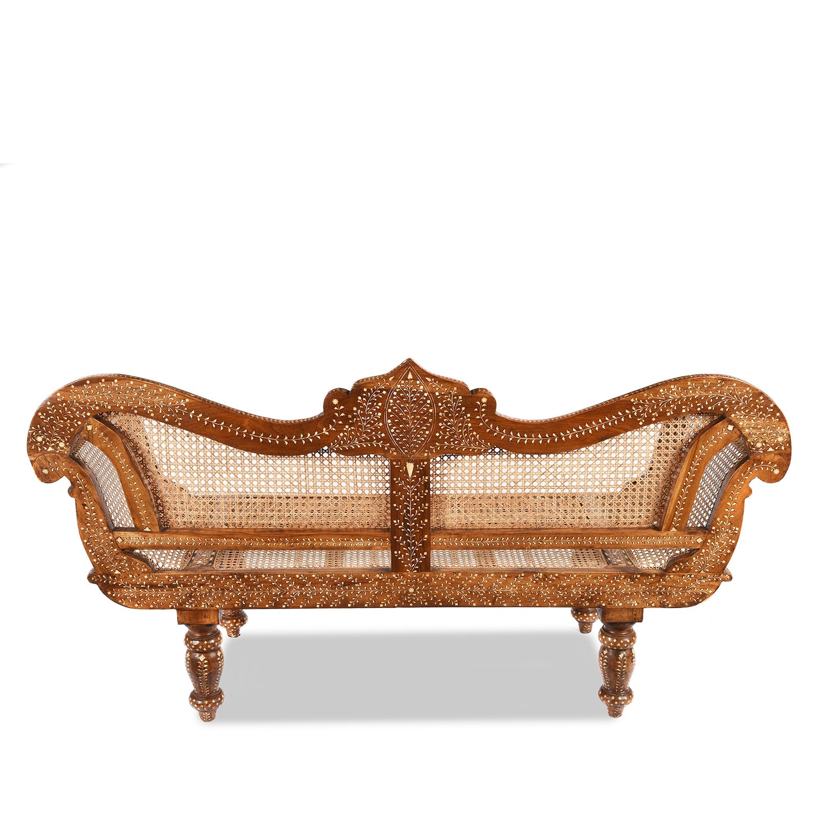 Anglo Indian Bone Inlaid Caned Teak Sofa - Early 20th Century