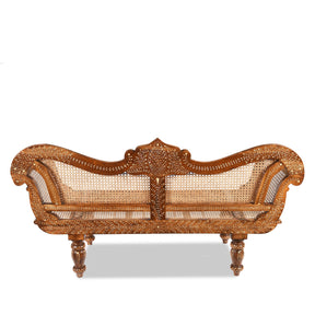 Anglo Indian Bone Inlaid Caned Teak Sofa - Early 20th Century