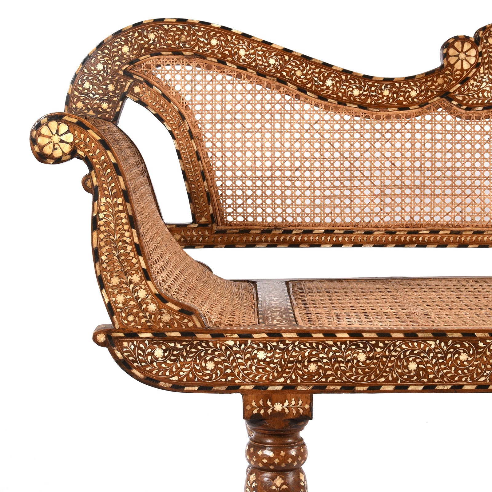 Anglo Indian Bone Inlaid Caned Teak Sofa - Early 20th Century