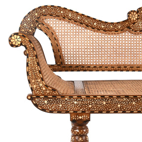 Anglo Indian Bone Inlaid Caned Teak Sofa - Early 20th Century