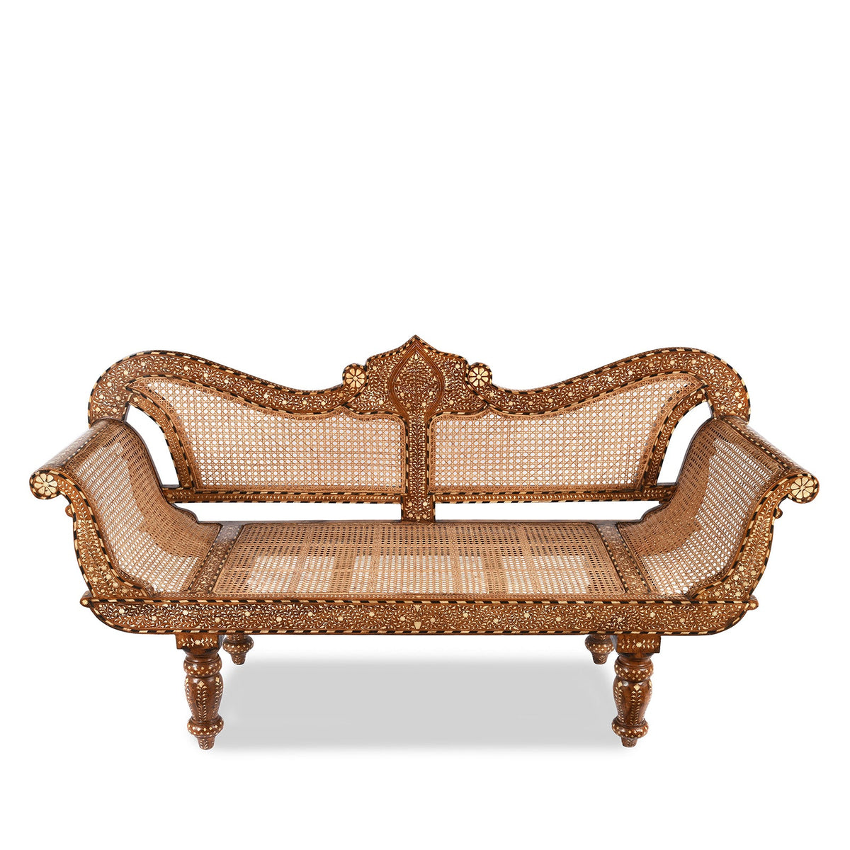 Anglo Indian Bone Inlaid Caned Teak Sofa - Early 20th Century