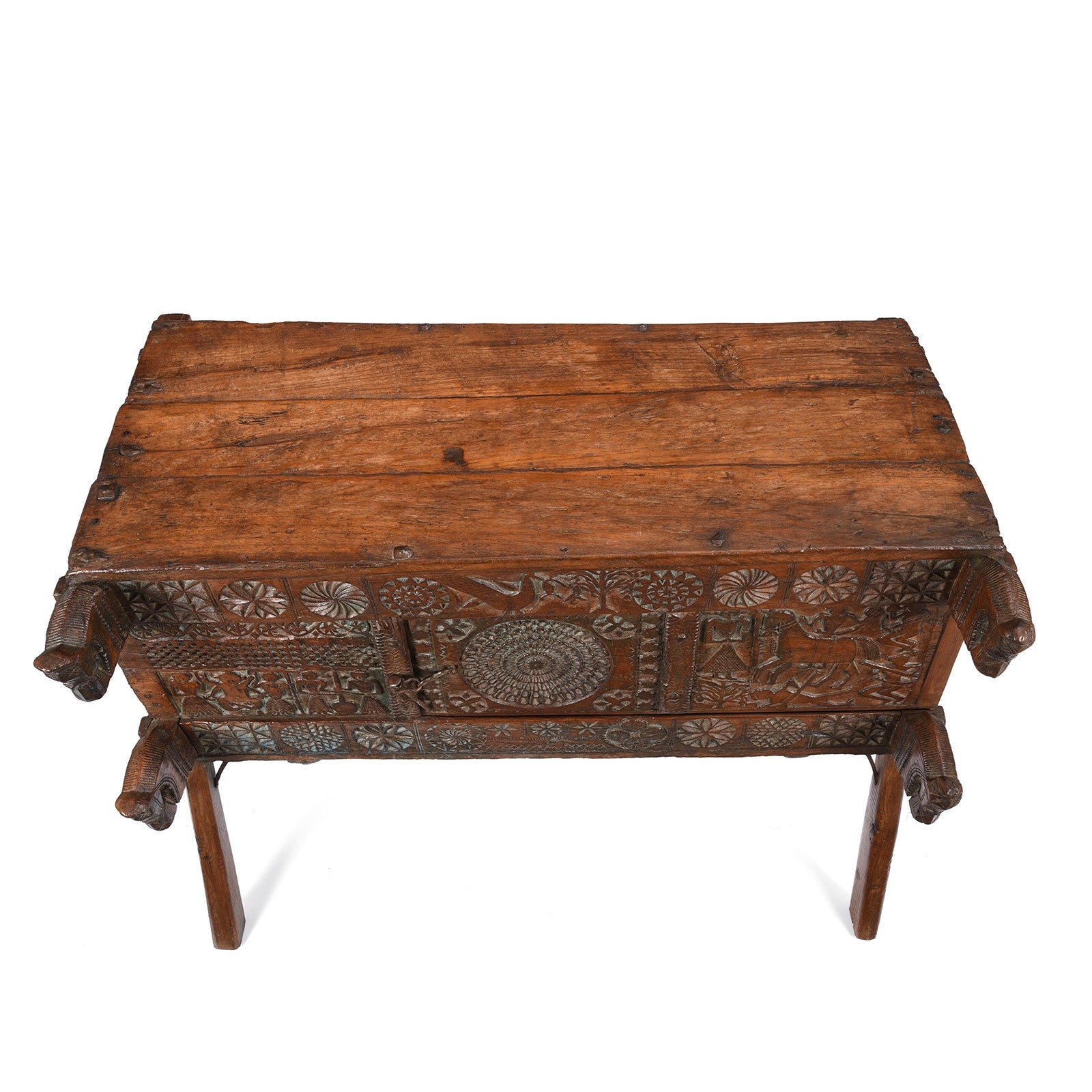 Carved Teak Majus Dowry Chest From Saurashtra - 19th Century