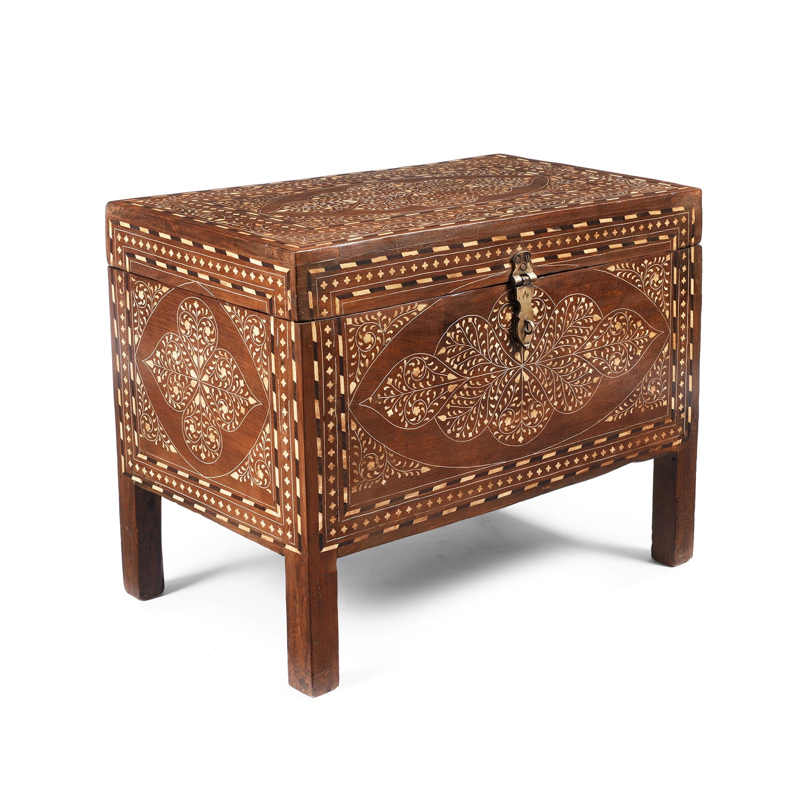 Old Indian Bone Inlay Teak Chest - 19th Century