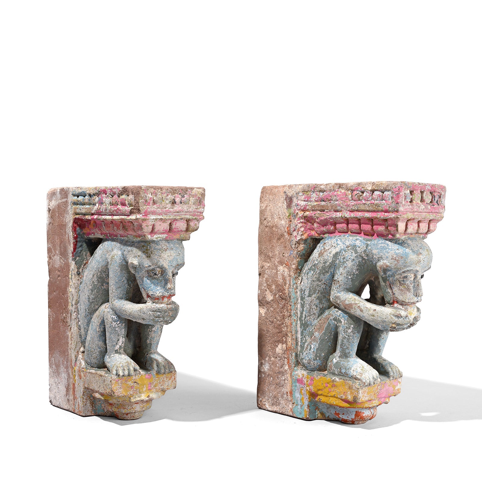 Pair Of Painted Stone Monkey Brackets From Gujarat - 18th Century
