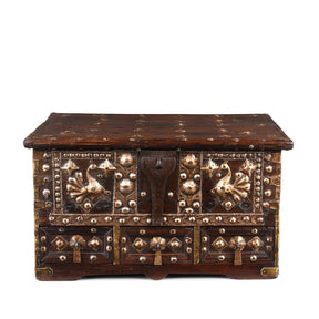 Brass Studded Rosewood Peacock Box From Saurashtra - 19th Century