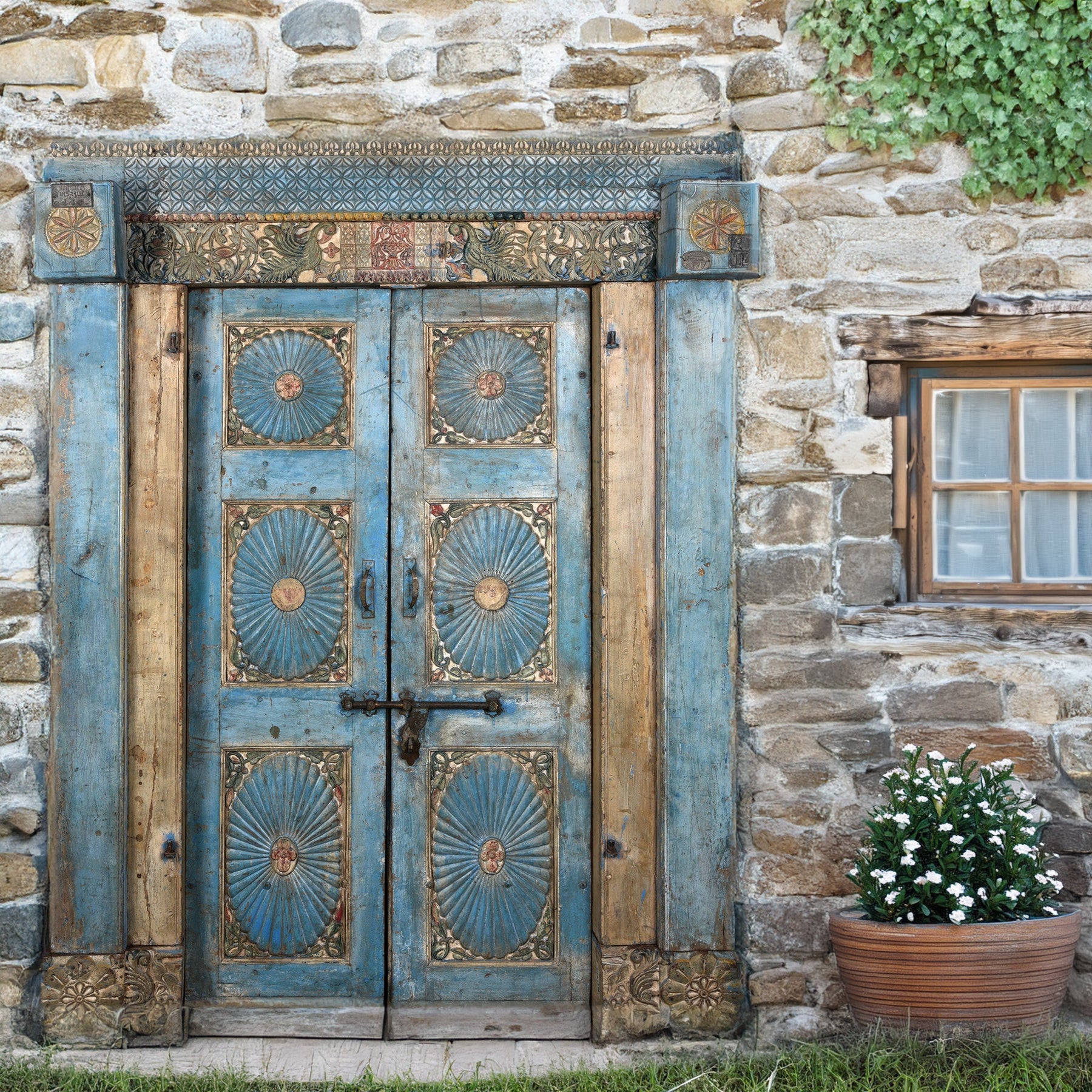 Blue Painted Sunburst Door & Frame - 19th Century