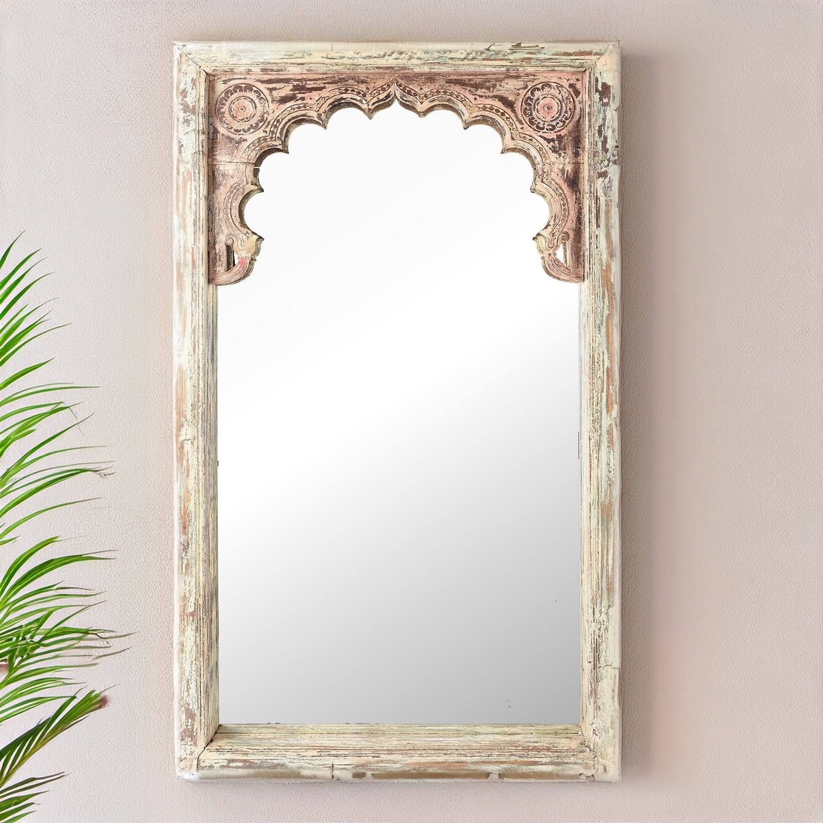 Painted Indian Mirror Made From An Old Teak Window - 19th Century