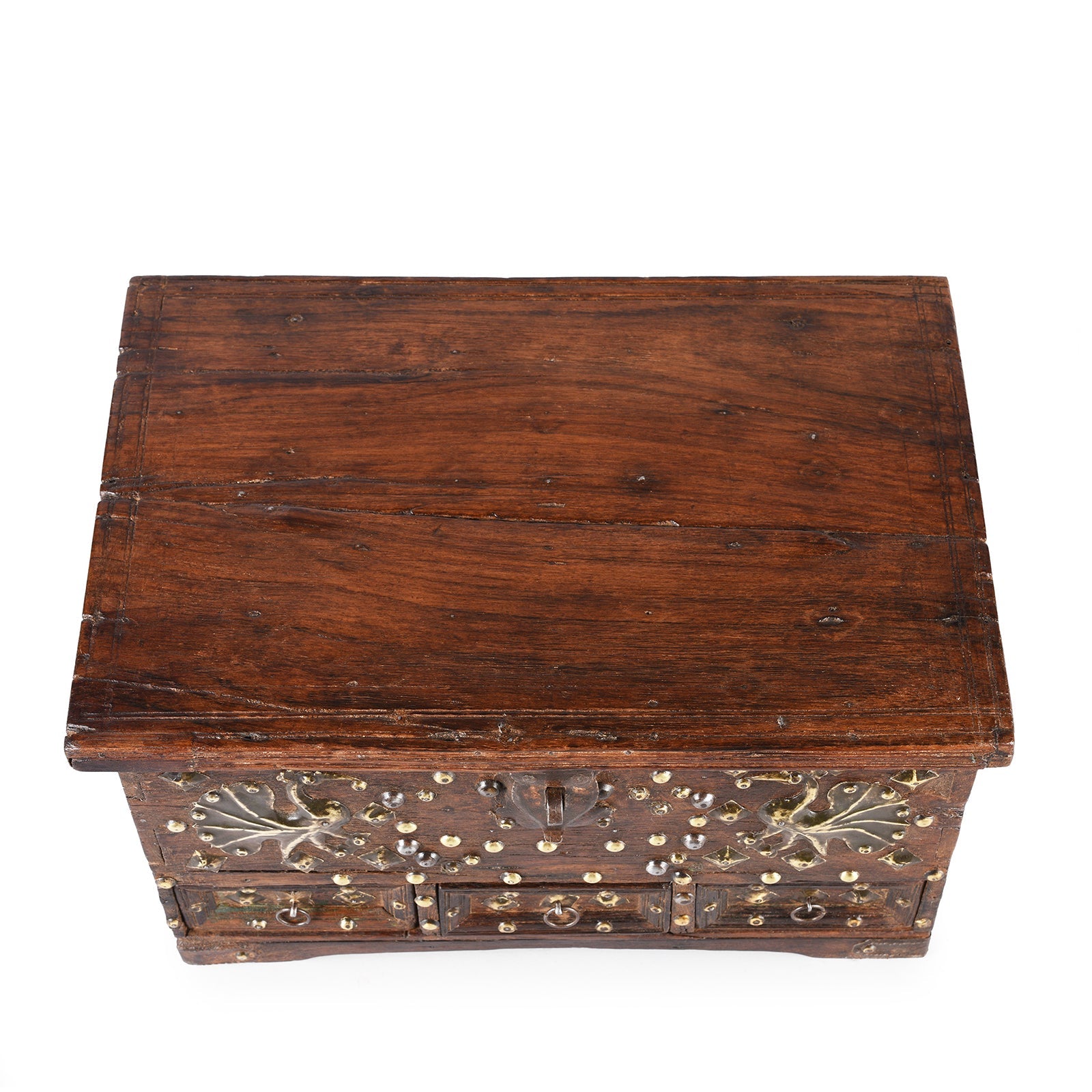 Brass Studded Rosewood Peacock Box From Saurashtra - 19th Century