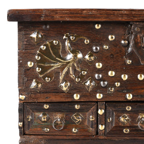 Brass Studded Rosewood Peacock Box From Saurashtra - 19th Century