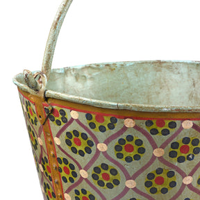 Painted Vintage Galvanized Iron Bucket - Aqua Floral