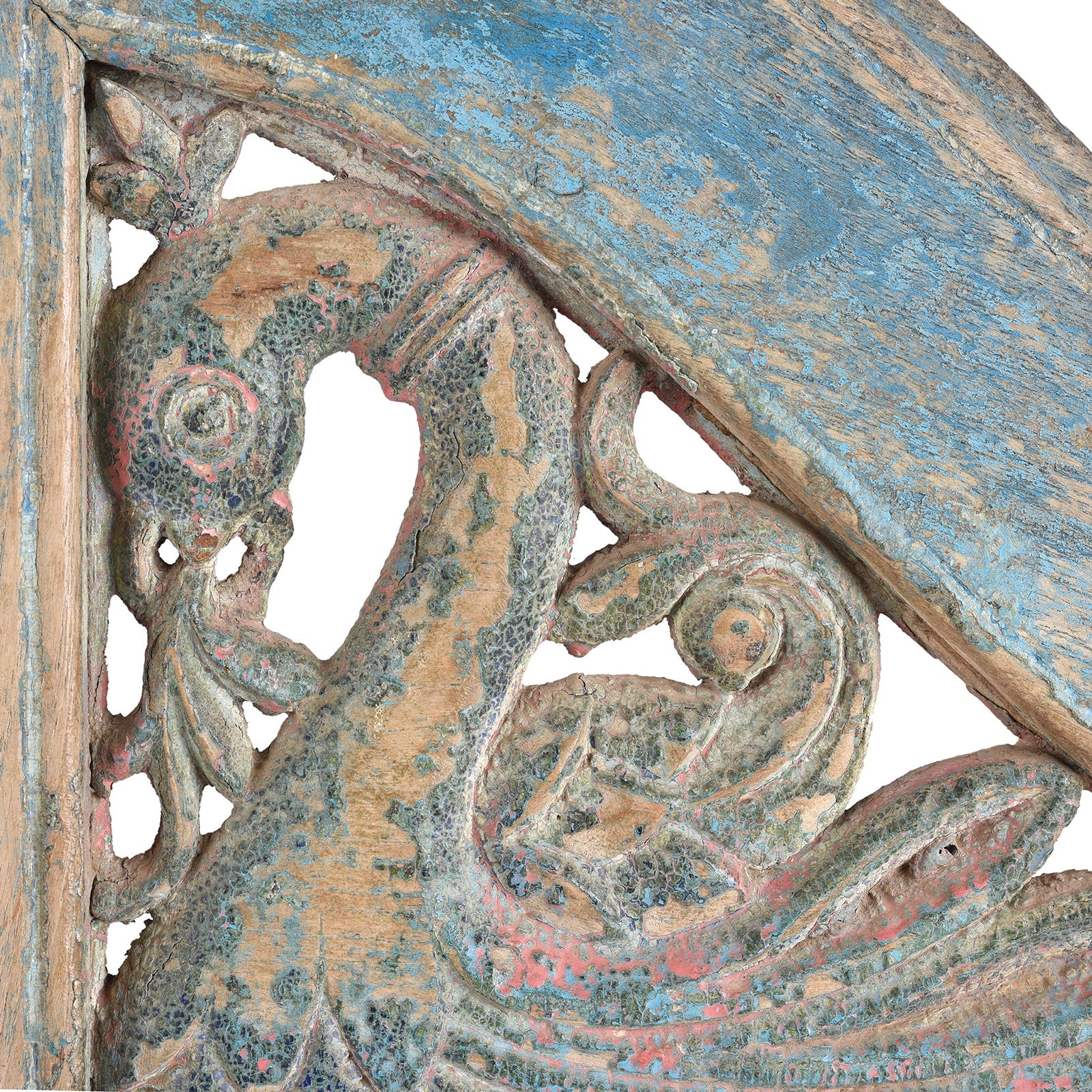 Blue Painted Teak Peacock Dog Gate From Gujarat - 19th Century