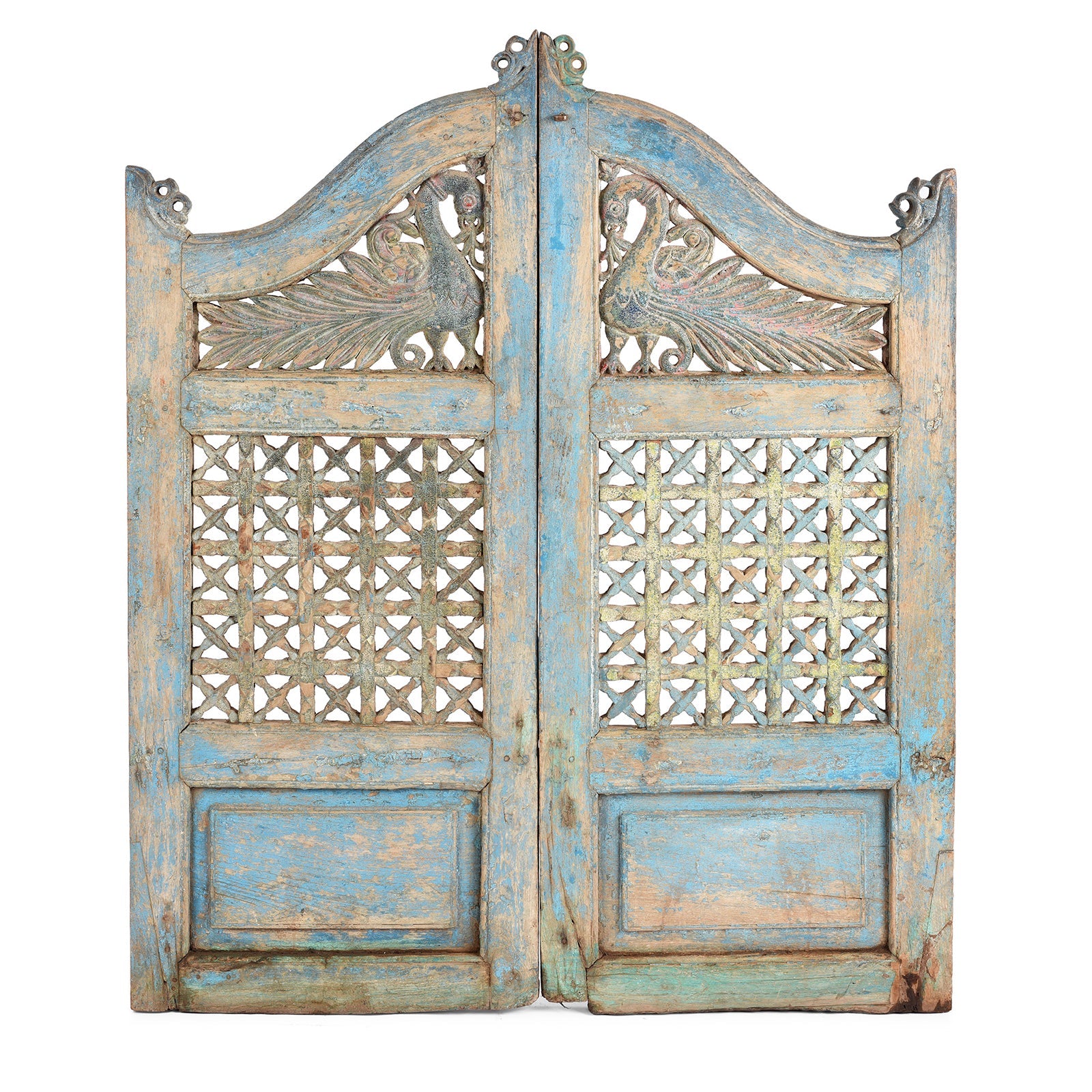 Blue Painted Teak Peacock Dog Gate From Gujarat - 19th Century