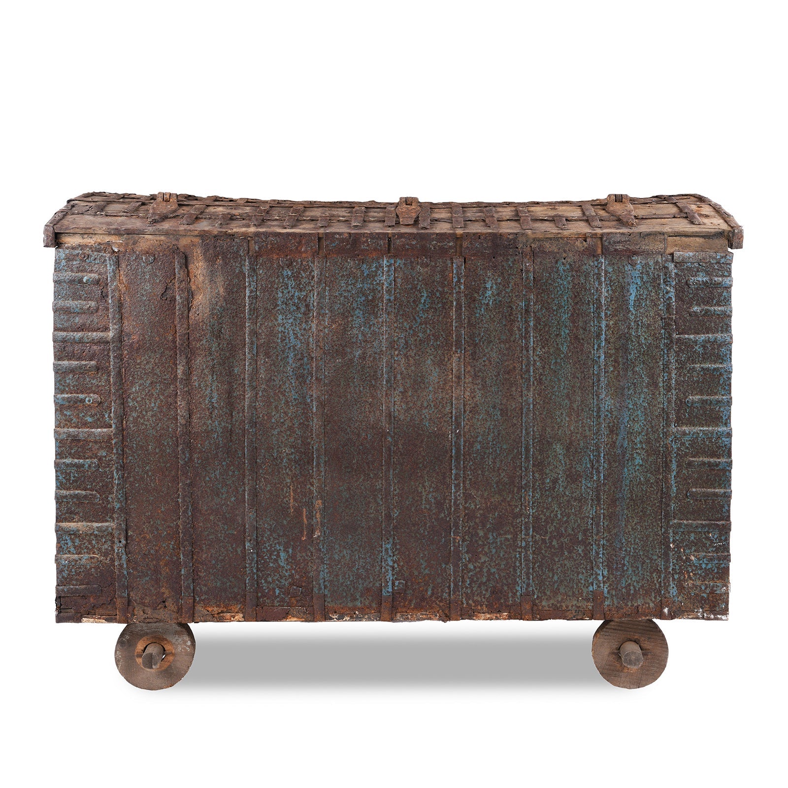 Brass & Iron Indian Pithara Dowry Chest On Wheels - 19th Century