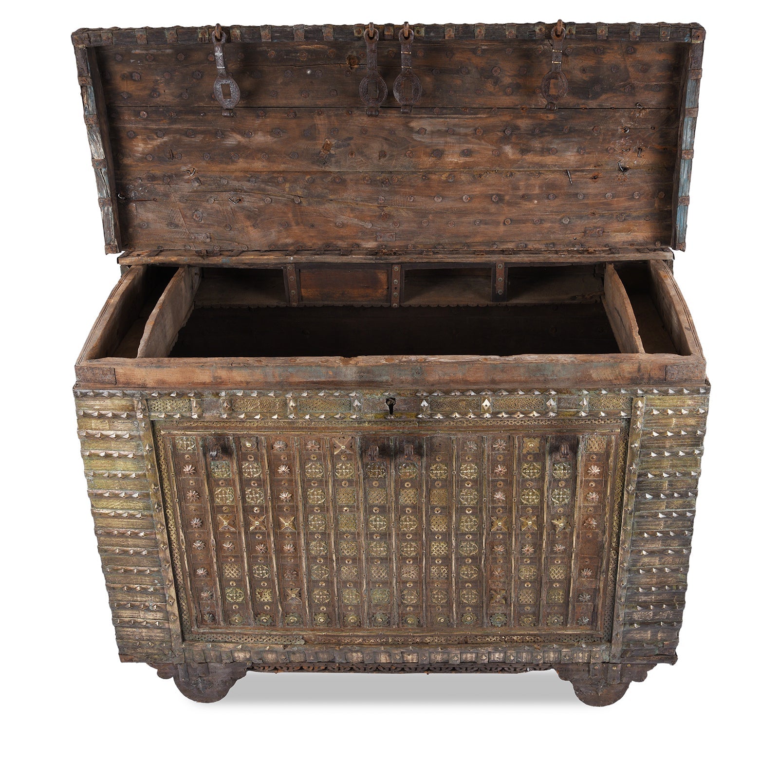 Brass & Iron Indian Pithara Dowry Chest On Wheels - 19th Century