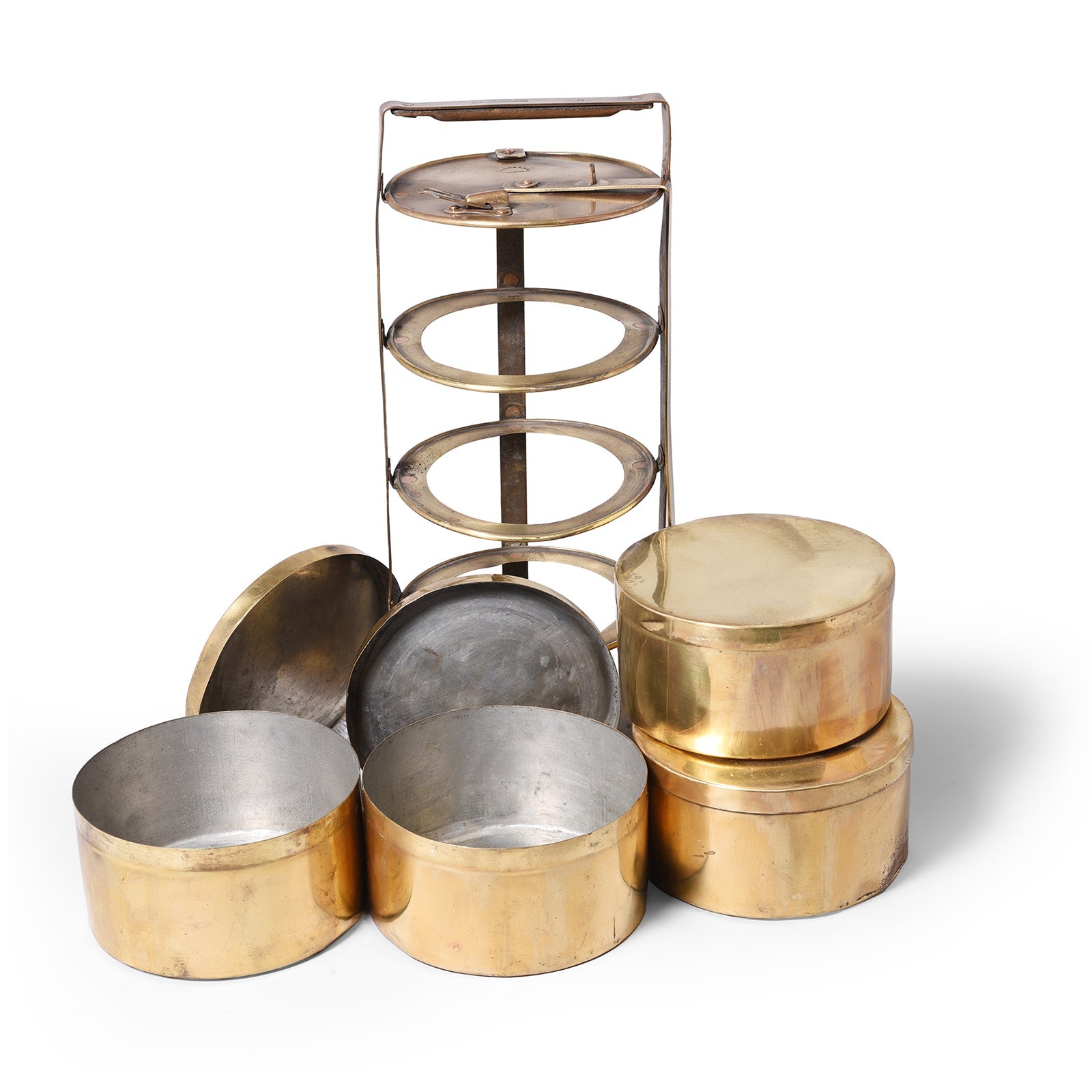4 Tier Indian Vintage Brass Tiffin Box Set - Ca 1930