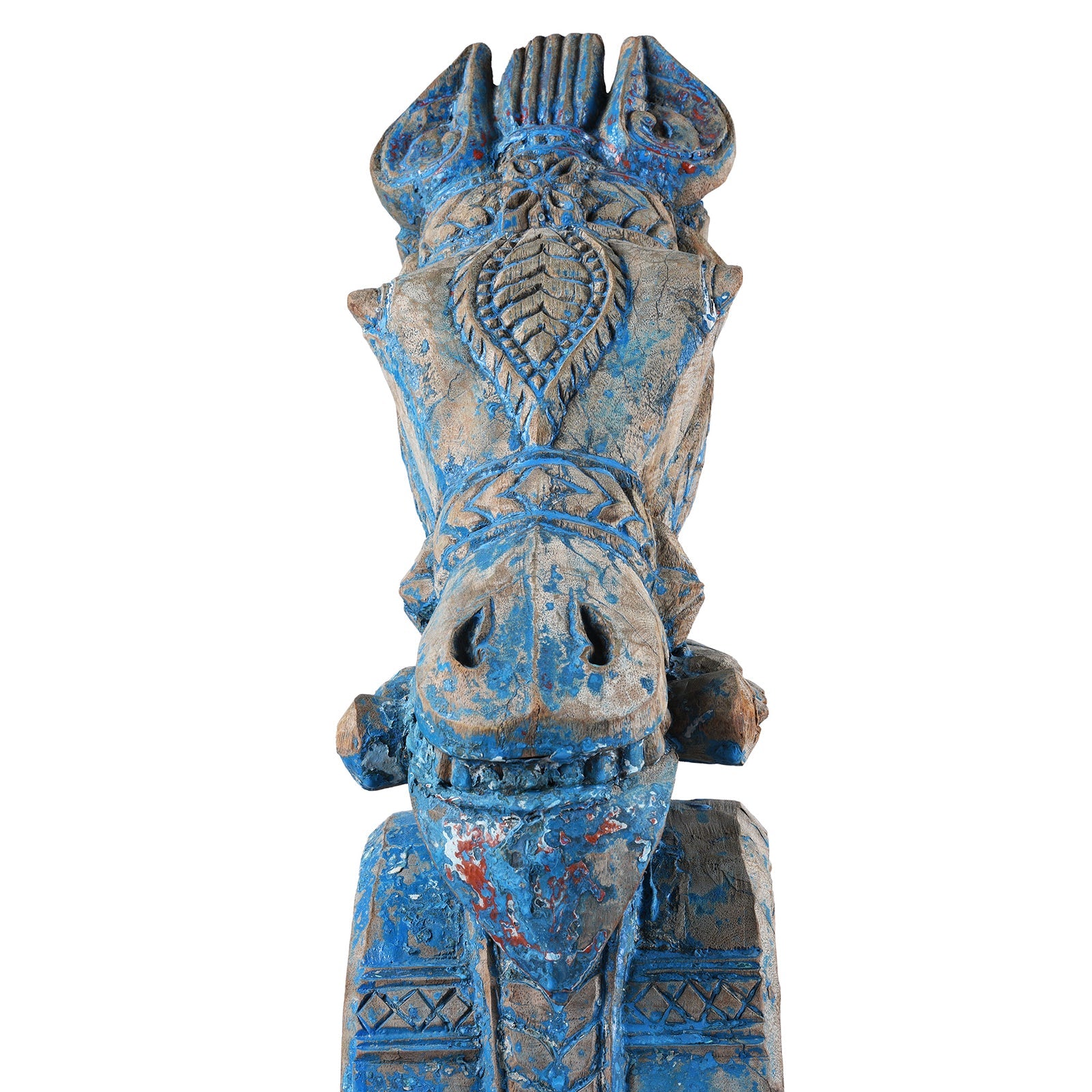 Blue Painted Horse Head Corbels On Stand - 19th Century