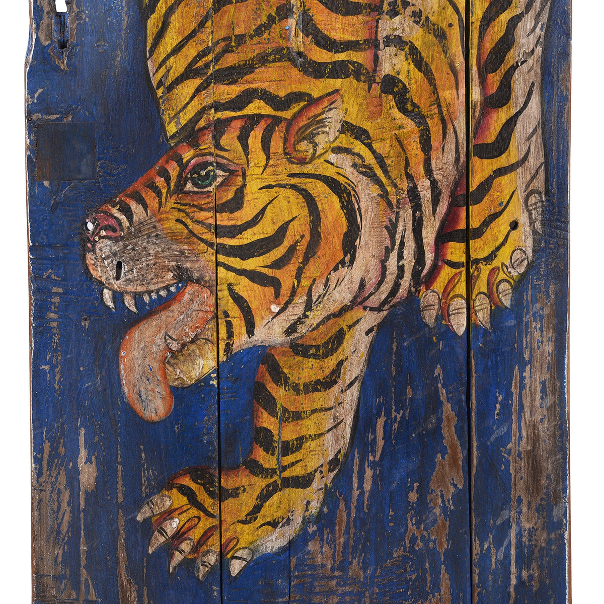 Vintage Blue Painted Tiger Panel - Vertical