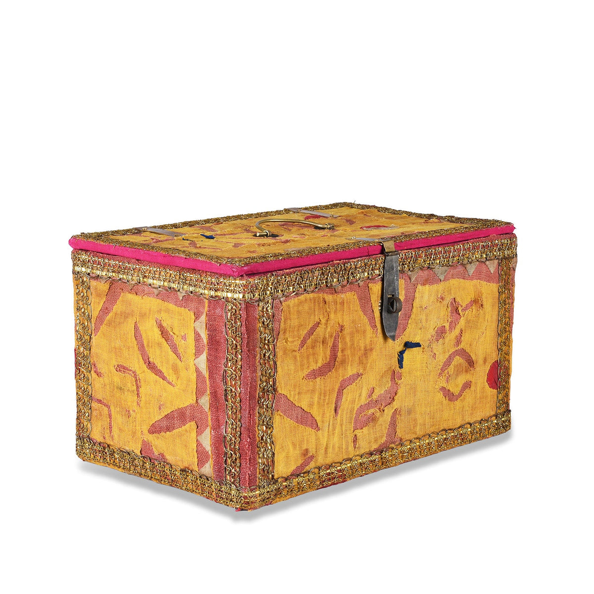 Vintage Pink / Yellow Textile Box From Rajasthan - Ca 1950