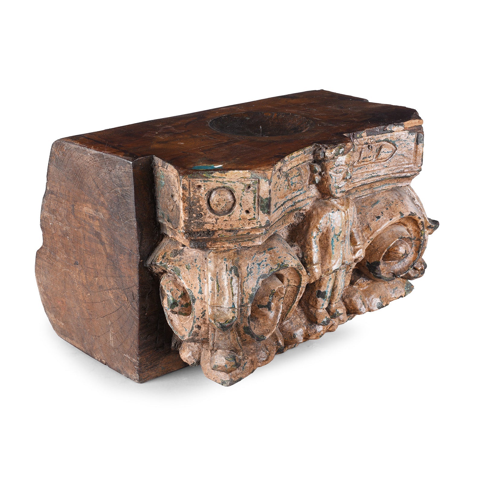 Carved Teak Capitol Candlestand From Gujarat - Late 19th Century