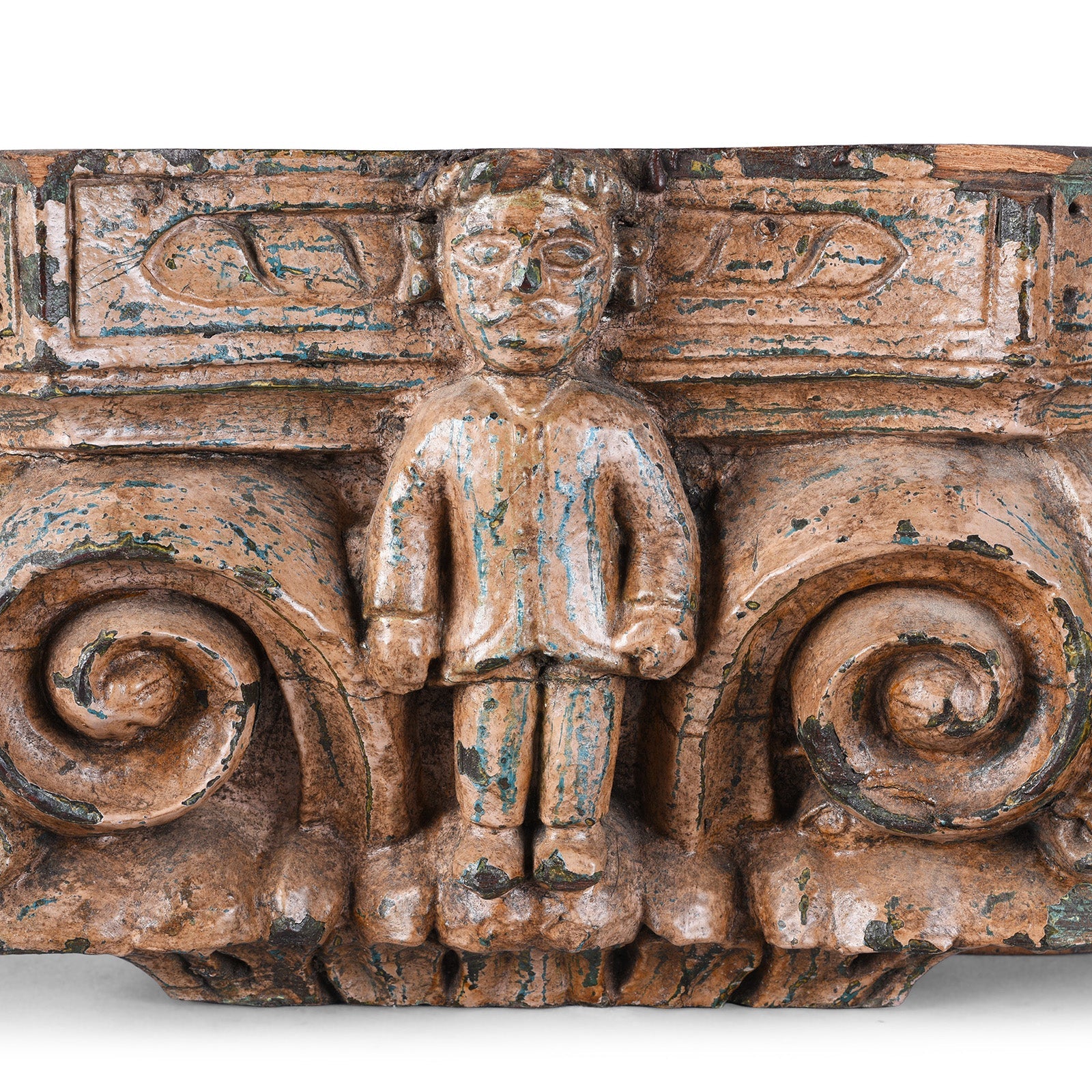 Carved Teak Capitol Candlestand From Gujarat - Late 19th Century